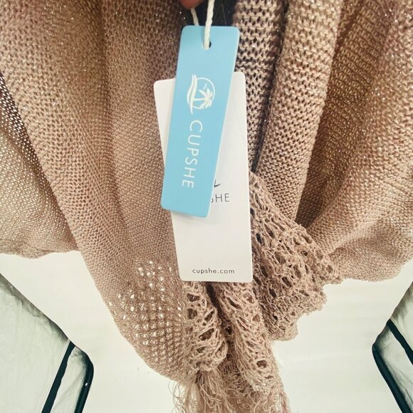 Cupshe Light Purple Crochet Shimmer Knit Fringe Open Front Kimono Swim Cover L - Picture 3 of 6